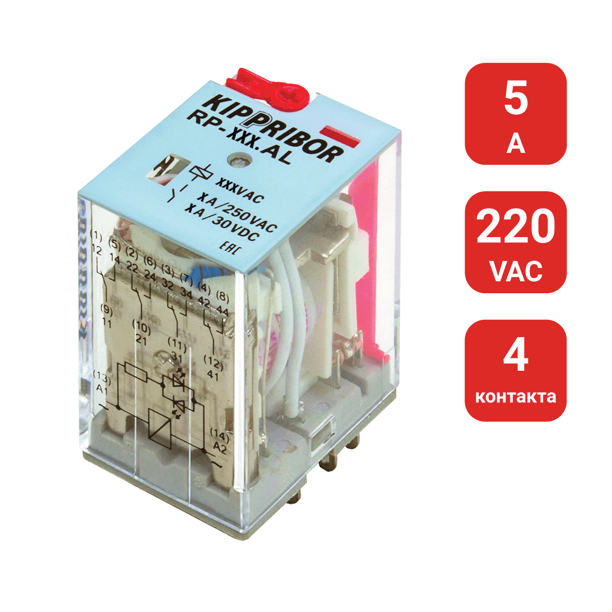 RP-407.AL 4-конт. реле, 220VAC, ток 5А, LED-индикатор RP-407.AL 4-конт. реле, 220VAC, ток 5А, LED-индикатор