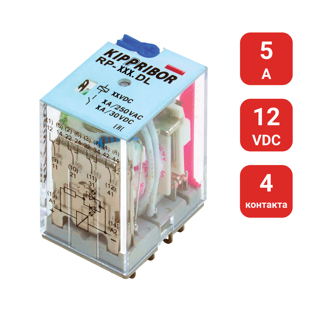 RP-402.DL 4-конт. реле, 12VDC, ток 5А, LED-индикатор RP-402.DL 4-конт. реле, 12VDC, ток 5А, LED-индикатор