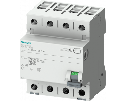Siemens 5SV3346-3KK60 Устройство защитного отключения, 4-полюсное, тип F, 63 А, 30 мА, 6 мА DC, 400 В AC, для электрозаправок Siemens 5SV3346-3KK60 Устройство защитного отключения, 4-полюсное, тип F, 63 А, 30 мА, 6 мА DC, 400 В AC, для электрозаправок