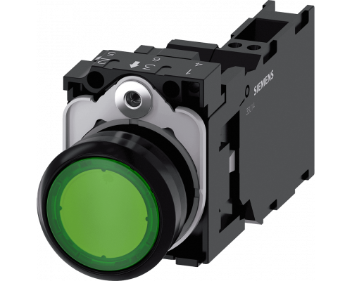 Siemens 3SU1106-0AB40-3FA0 Кнопка с подсветкой, 22mm, круглая, пластик, зелёная, плоская, 1NO+1NC Siemens 3SU1106-0AB40-3FA0 Кнопка с подсветкой, 22mm, круглая, пластик, зелёная, плоская, 1NO+1NC
