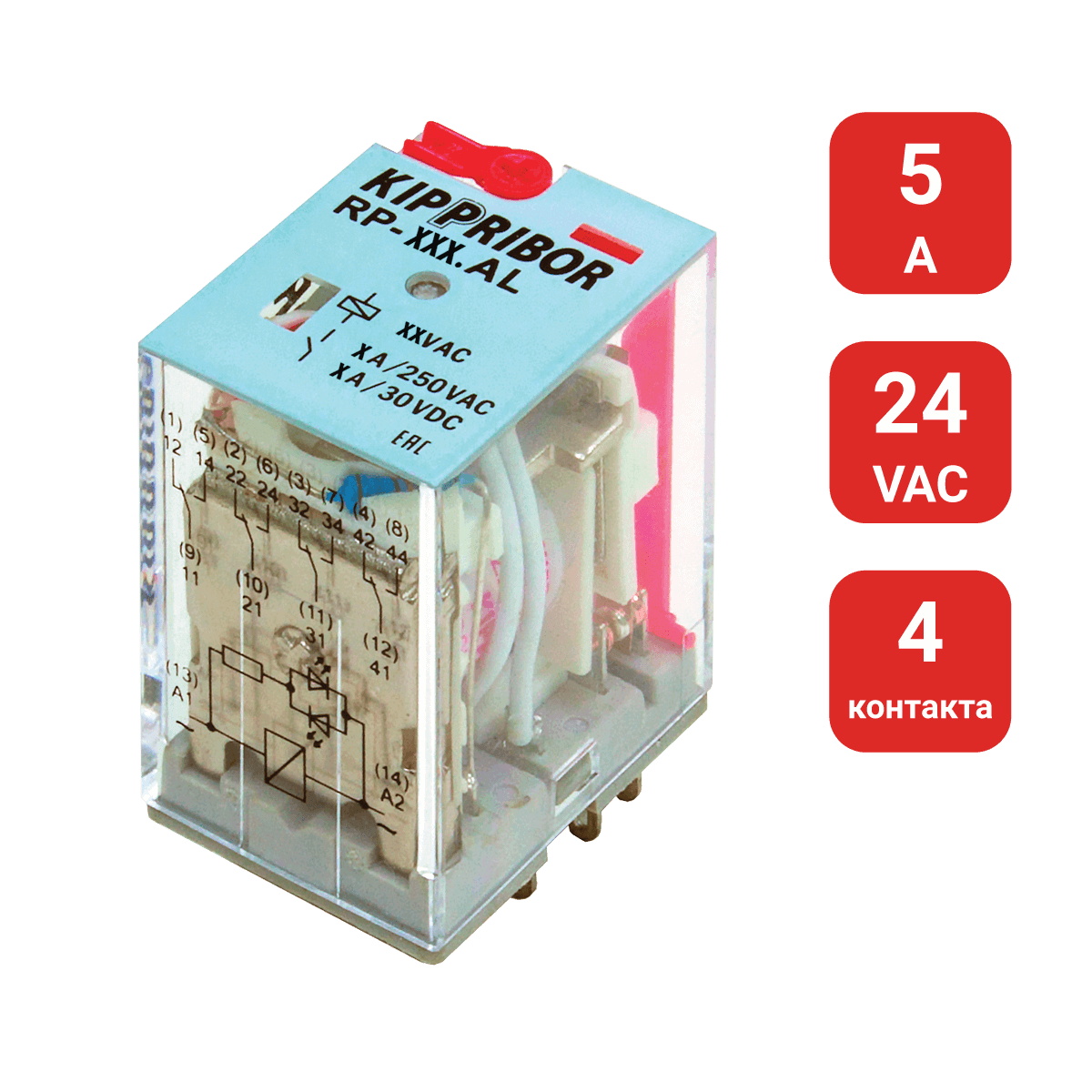 RP-403.AL 4-конт. реле, 24VAC, ток 5А, LED-индикатор RP-403.AL 4-конт. реле, 24VAC, ток 5А, LED-индикатор