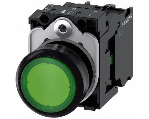 Siemens 3SU1102-0AB40-1BA0 Кнопка с подсветкой, 22mm, круглая, пластик, зелёная, плоская, 1NO, винтовые клеммы Siemens 3SU1102-0AB40-1BA0 Кнопка с подсветкой, 22mm, круглая, пластик, зелёная, плоская, 1NO, винтовые клеммы