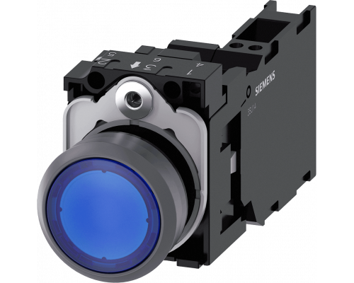 Siemens 3SU1132-0AB50-3FA0 Кнопка с подсветкой, 22mm, круглая, пластик с металлическим кольцом, синяя, 1NO+1NC Siemens 3SU1132-0AB50-3FA0 Кнопка с подсветкой, 22mm, круглая, пластик с металлическим кольцом, синяя, 1NO+1NC