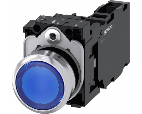 Siemens 3SU1156-0AB50-1FA0 Кнопка с подсветкой, 22mm, круглая, металлическая, синяя, плоская, 1NO+1NC Siemens 3SU1156-0AB50-1FA0 Кнопка с подсветкой, 22mm, круглая, металлическая, синяя, плоская, 1NO+1NC