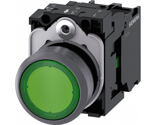 Siemens 3SU1132-0AB40-1BA0 Кнопка с подсветкой, 22mm, круглая, пластик с металлическим кольцом, зелёная, 1NO Siemens 3SU1132-0AB40-1BA0 Кнопка с подсветкой, 22mm, круглая, пластик с металлическим кольцом, зелёная, 1NO