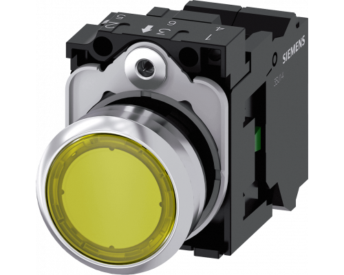 Siemens 3SU1156-0AB30-3BA0 Кнопка с подсветкой, 22mm, металлическая, круглая, желтая, плоская, 1NO, с держателем Siemens 3SU1156-0AB30-3BA0 Кнопка с подсветкой, 22mm, металлическая, круглая, желтая, плоская, 1NO, с держателем