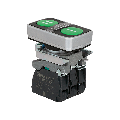 MTB4-BW26317 Кнопка двойная плоская с подсветкой, зеленая, маркировка "I+II", 2NO, 220V AC/DC, IP65, металл MTB4-BW26317 Кнопка двойная плоская с подсветкой, зеленая, маркировка "I+II", 2NO, 220V AC/DC, IP65, металл