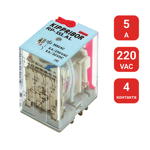 RP-407.AL 4-конт. реле, 220VAC, ток 5А, LED-индикатор RP-407.AL 4-конт. реле, 220VAC, ток 5А, LED-индикатор