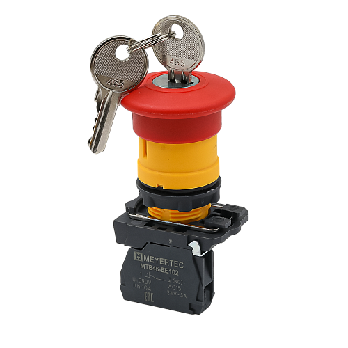 MTB5-AS142 Кнопка грибовидная аварийной остановки с ключом, красная, 40 мм, возврат поворотом с фиксацией, 1NC, IP65, пластик MTB5-AS142 Кнопка грибовидная аварийной остановки с ключом, красная, 40 мм, возврат поворотом с фиксацией, 1NC, IP65, пластик