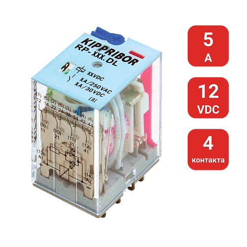 RP-402.DL 4-конт. реле, 12VDC, ток 5А, LED-индикатор RP-402.DL 4-конт. реле, 12VDC, ток 5А, LED-индикатор