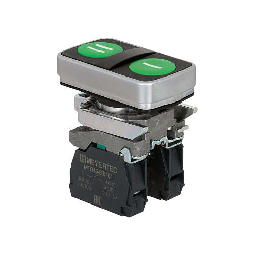 MTB4-BL2633 Кнопка двойная плоская, зеленая, маркировка "I+II", 2NO, IP65, металл MTB4-BL2633 Кнопка двойная плоская, зеленая, маркировка "I+II", 2NO, IP65, металл