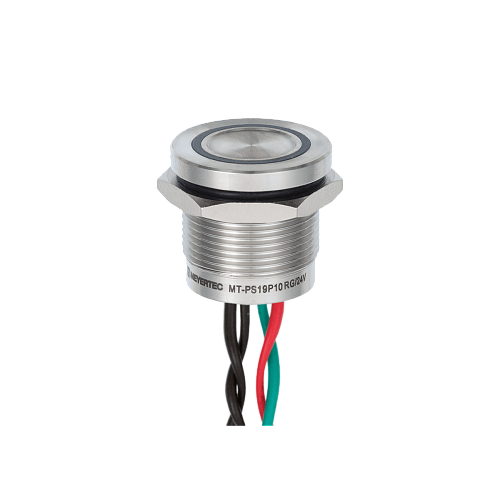 MT-PS19P10RG Пьезокнопка, Ø19 мм, подсветка кольцом (красная/зеленая), 4х-проводная, NO, возврат, 24В AC/DC, IP68 MT-PS19P10RG Пьезокнопка, Ø19 мм, подсветка кольцом (красная/зеленая), 4х-проводная, NO, возврат, 24В AC/DC, IP68