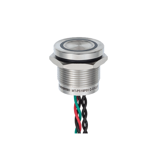 MT-PS19P0131GR Пьезокнопка, Ø19 мм, подсветка кольцом (зеленая/красная), 5-проводная (общий катод), NC, возврат, 24В AC/DC, IP68 MT-PS19P0131GR Пьезокнопка, Ø19 мм, подсветка кольцом (зеленая/красная), 5-проводная (общий катод), NC, возврат, 24В AC/DC, IP68