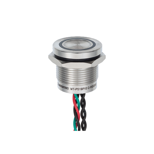 MT-PS19P1031RG Пьезокнопка, Ø19 мм, подсветка кольцом (красная/зеленая), 5-проводная (общий катод), NO, возврат, 24В AC/DC, IP68 MT-PS19P1031RG Пьезокнопка, Ø19 мм, подсветка кольцом (красная/зеленая), 5-проводная (общий катод), NO, возврат, 24В AC/DC, IP68