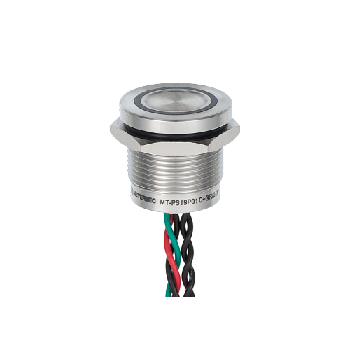 MT-PS19P0132GR Пьезокнопка, Ø19 мм, подсветка кольцом (зеленая/красная), 5-проводная (общий анод), NC, возврат, 24В AC/DC, IP68 MT-PS19P0132GR Пьезокнопка, Ø19 мм, подсветка кольцом (зеленая/красная), 5-проводная (общий анод), NC, возврат, 24В AC/DC, IP68